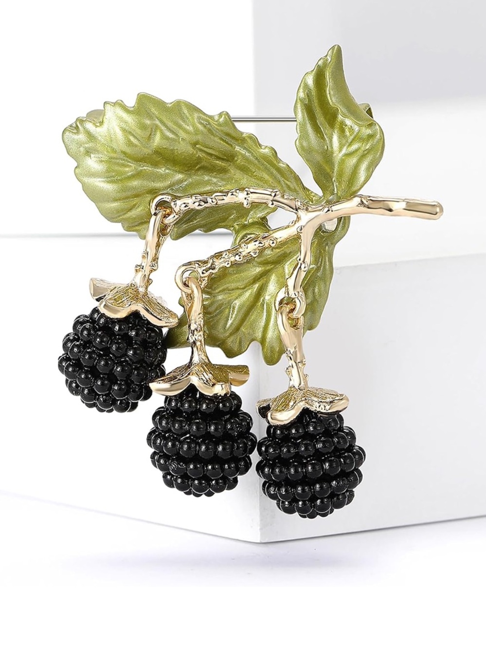 Anthropologie Green Leaf and Black Berry Cluster Pin
